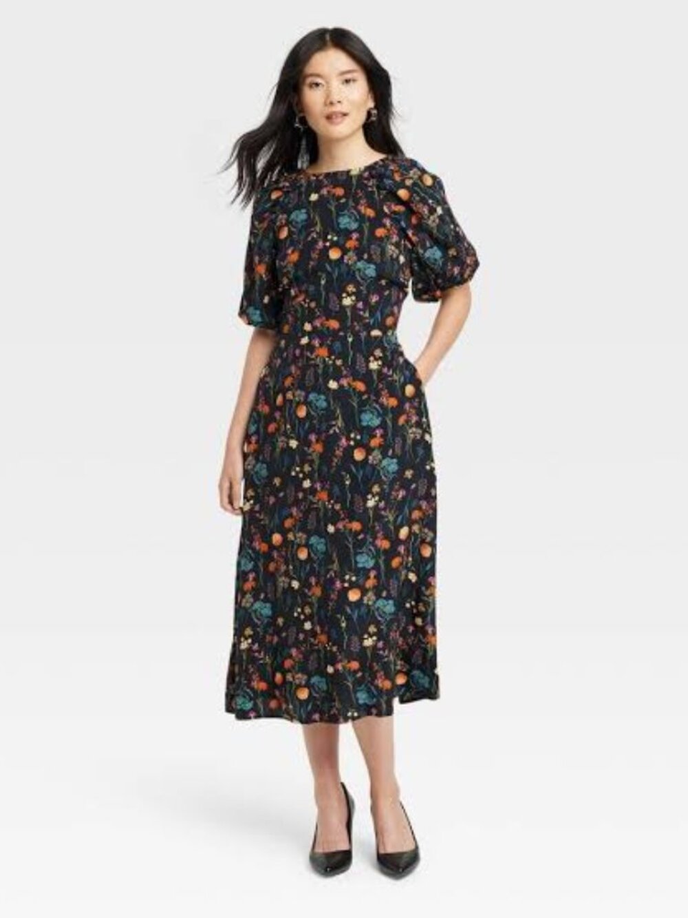 New Day Floral Puff Short-Sleeve Midi Dress SIZE / M